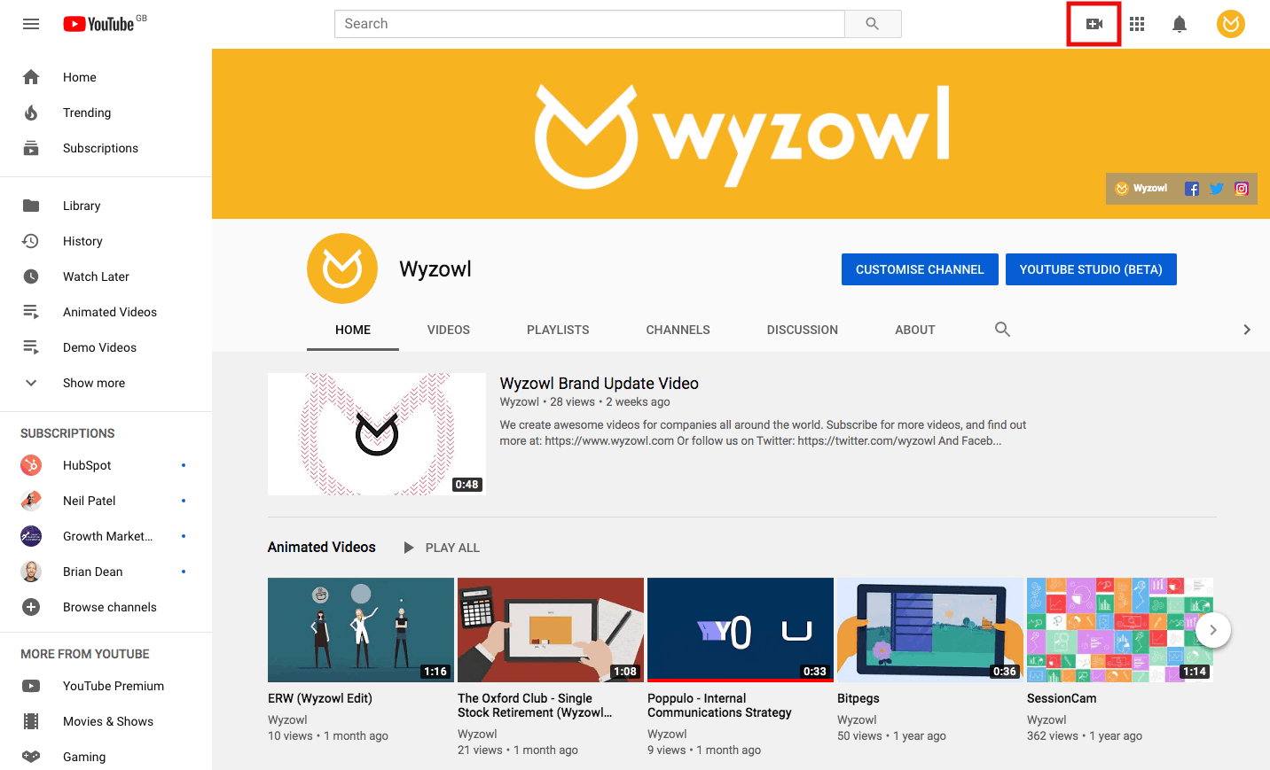 Page YouTube de Wyzowl