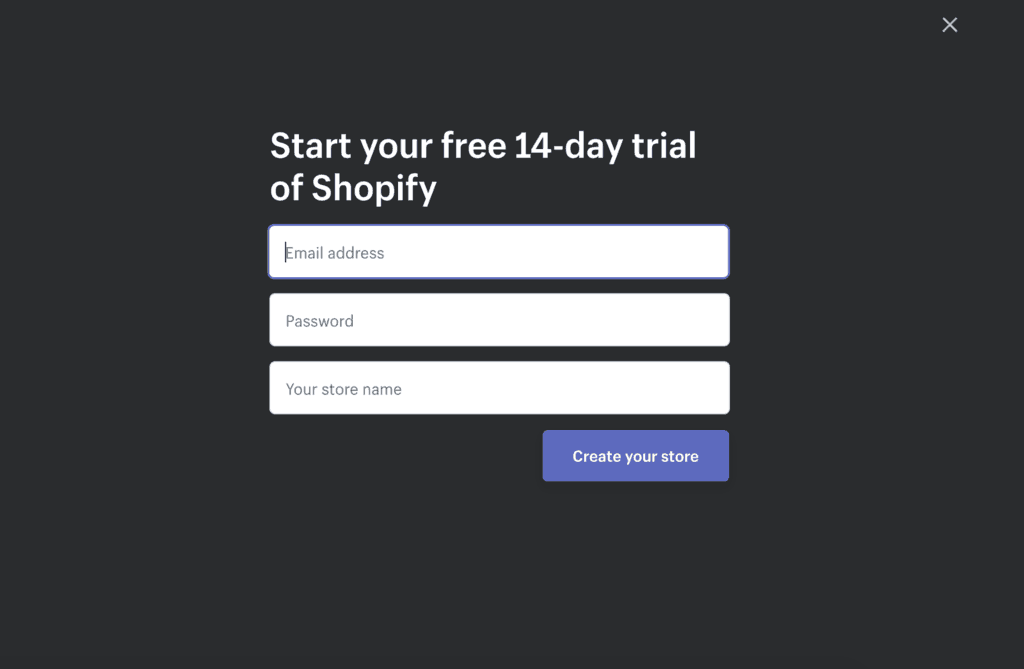 Shopify trial signup page