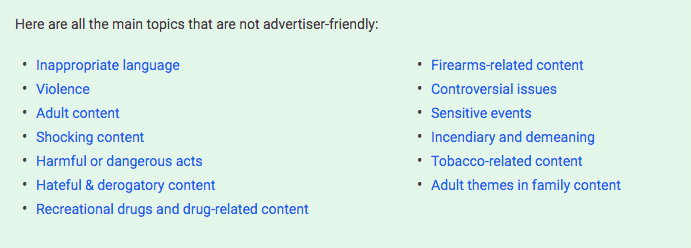 YouTube advertiser content guidelines