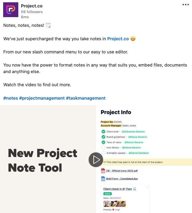 Project.co LinkedIn post