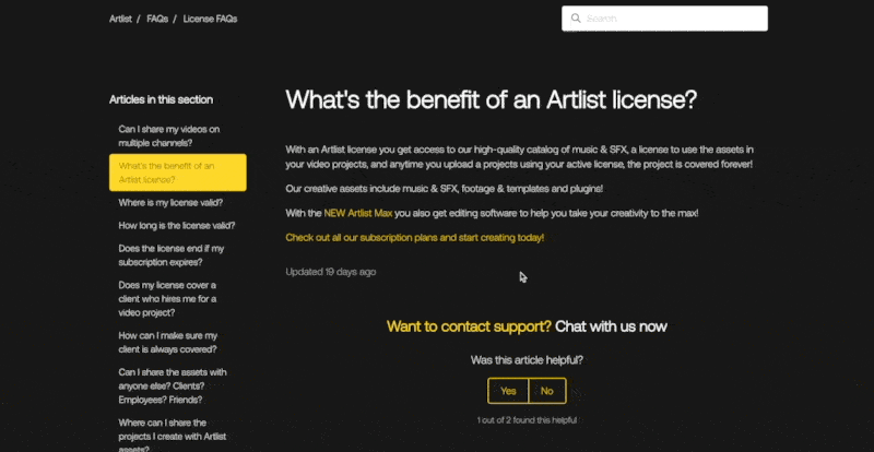Artlist customer support